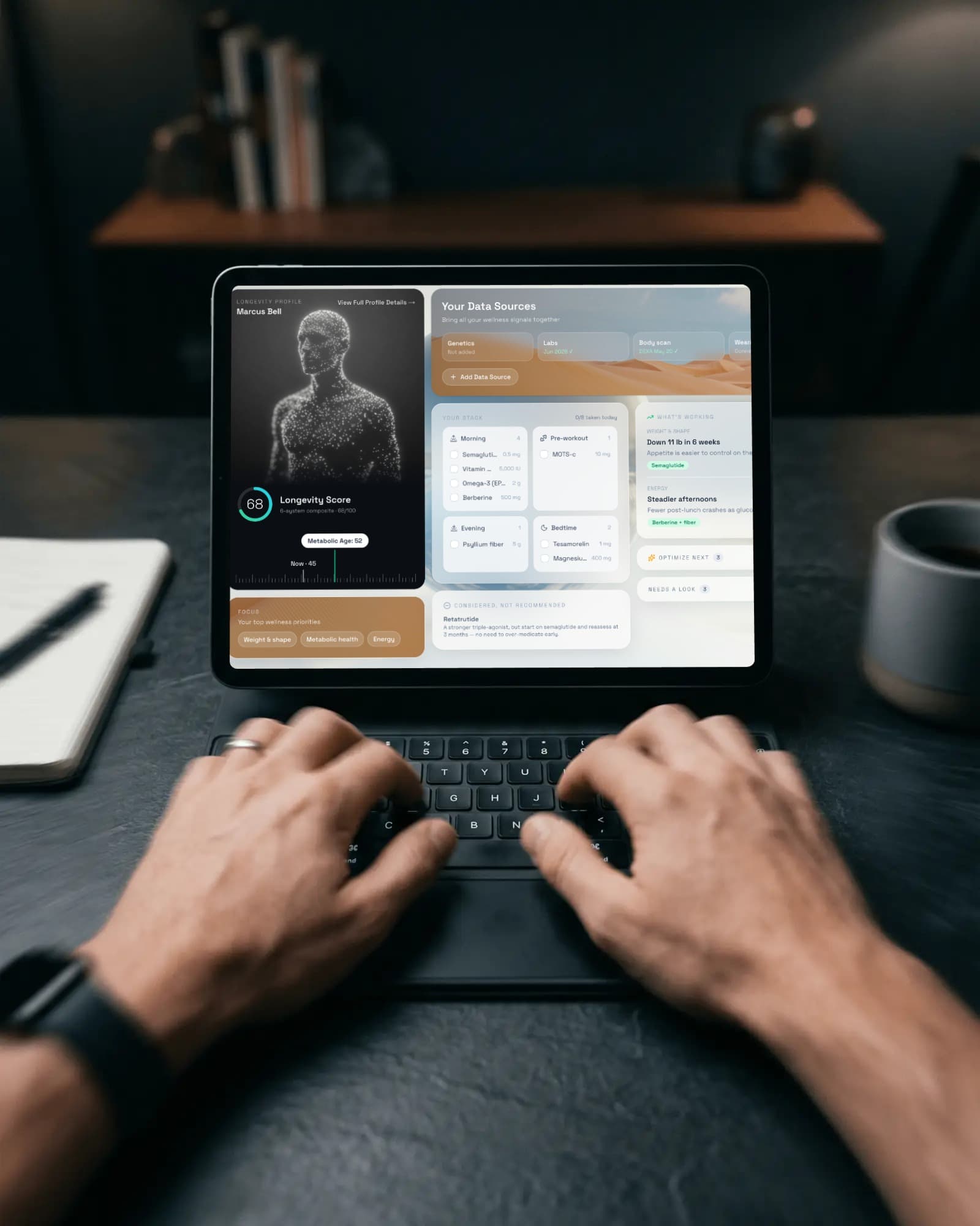 LongevityPlan digital twin dashboard showing peptide protocol and biomarker data
