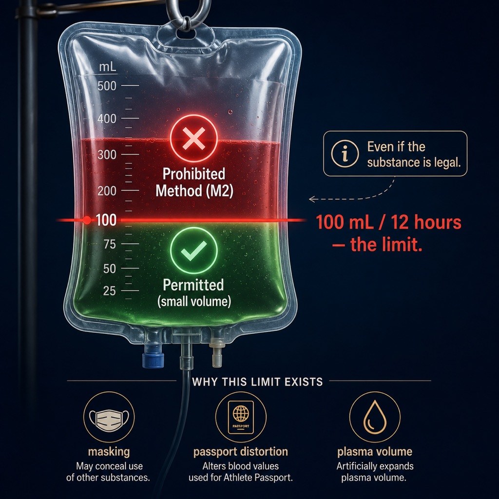 Infusions over 100 mL per 12 hours are a prohibited method