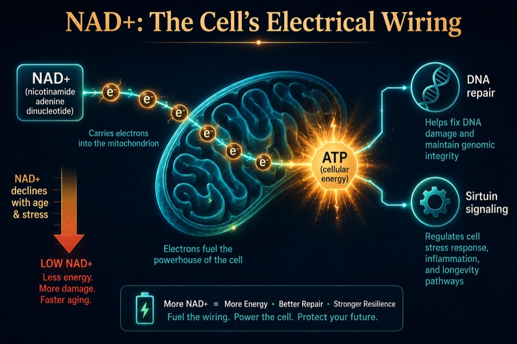 NAD+ is the wiring that carries high-energy electrons into your mitochondria