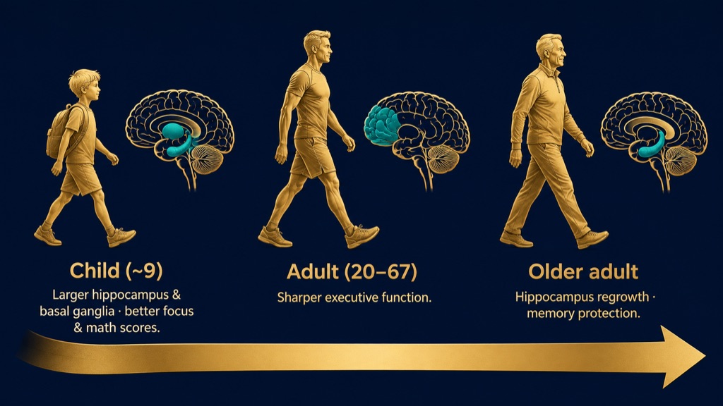 The benefit isn't reserved for aging brains—it tracks with bigger memory and control regions in children, sharper executive function in adults, and structural regrowth in seniors.