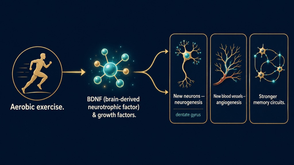 The mechanism, simplified: aerobic exercise raises BDNF and other growth factors, which spark new neurons in the hippocampus.