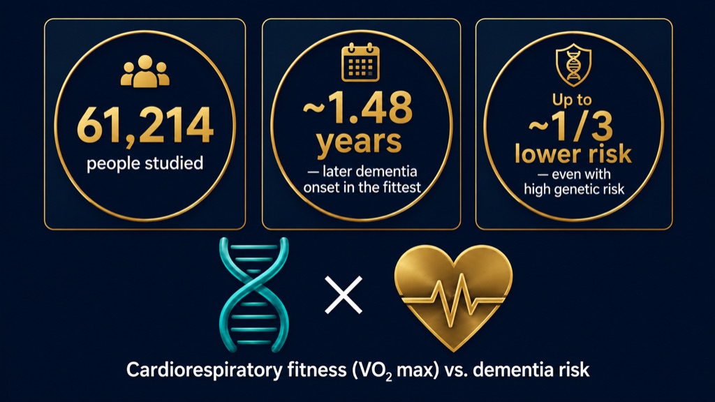 Across 61,000+ people, higher cardiorespiratory fitness delayed dementia onset and cut risk by up to a third—even in those genetically predisposed.