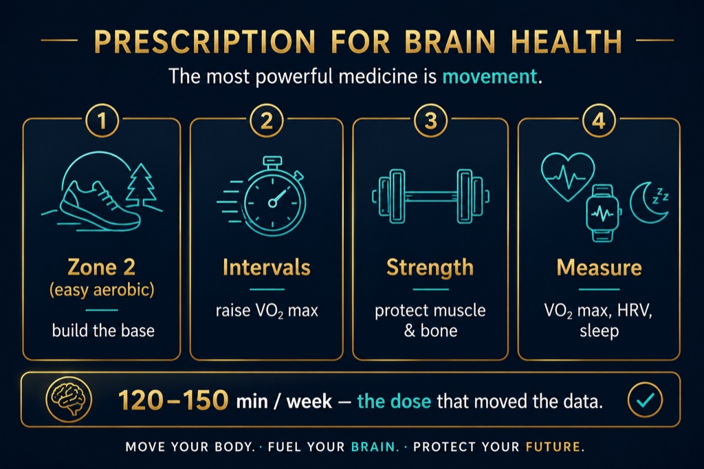 The buildable plan: an easy aerobic base, intervals to lift VO₂ max, strength work to keep you training for decades.