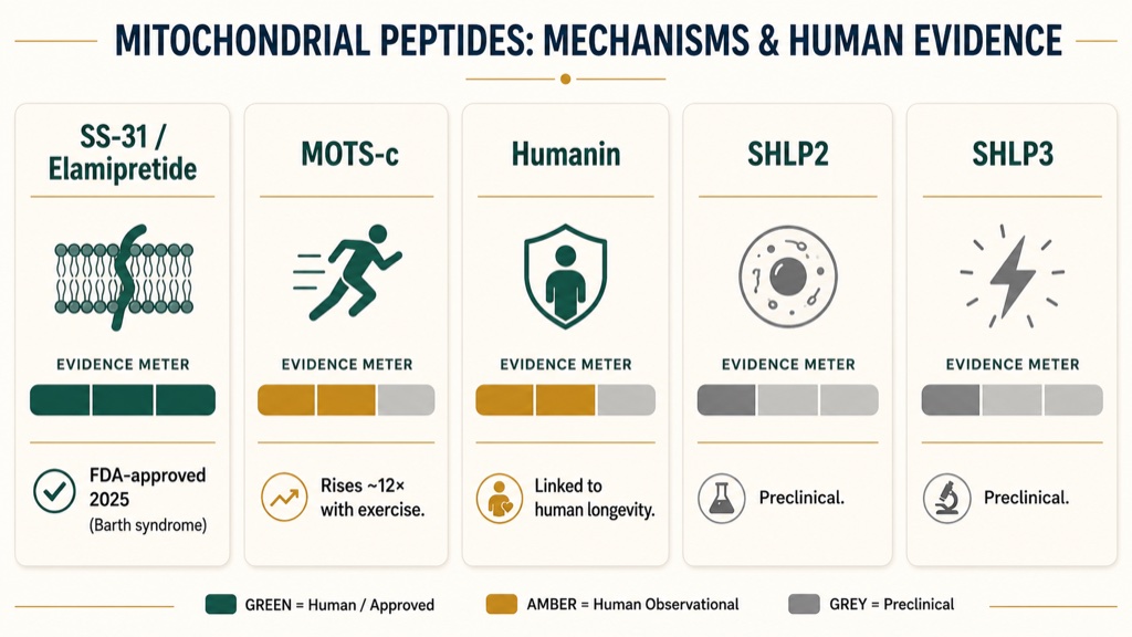 The five most-discussed mitochondrial peptides at a glance, and only SS-31 (elamipretide) has reached FDA approval