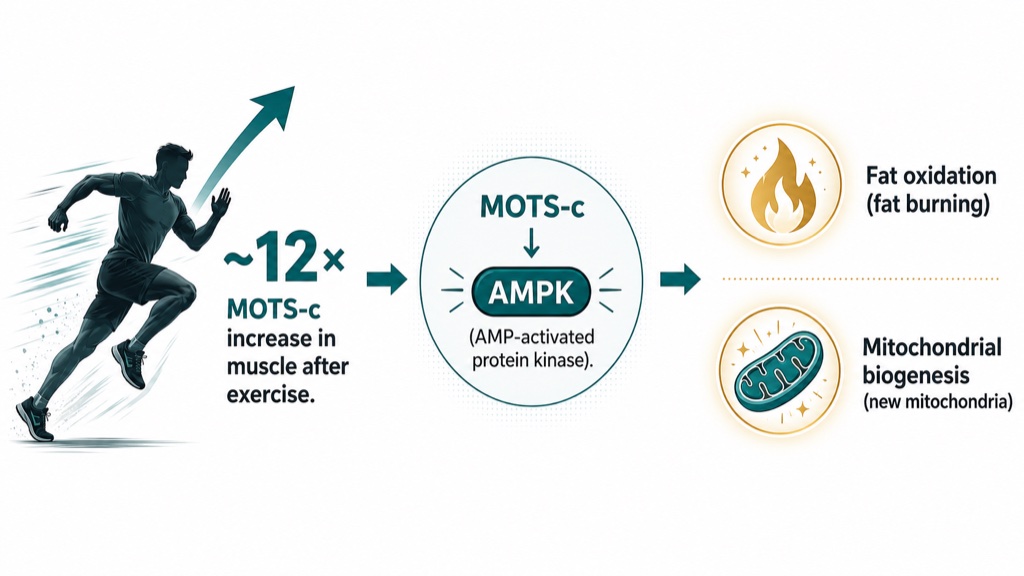 MOTS-c is exercise distilled into a molecule: a single hard workout raises it roughly twelvefold in human muscle