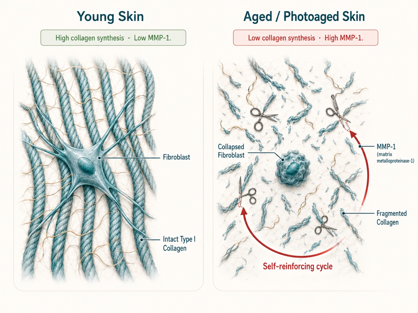 The Fibroblast Collapse Cycle: How MMP-1 Drives Skin Aging