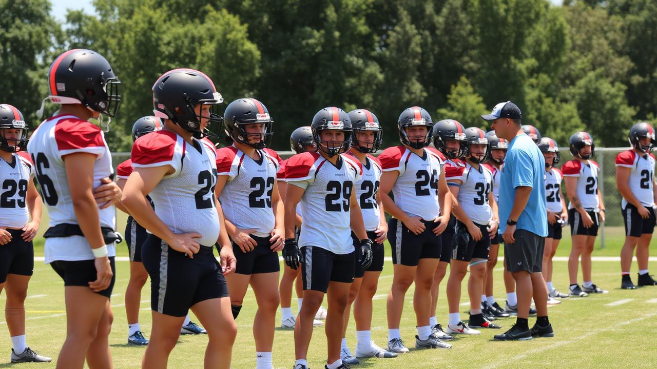 High school football players in August preseason practice