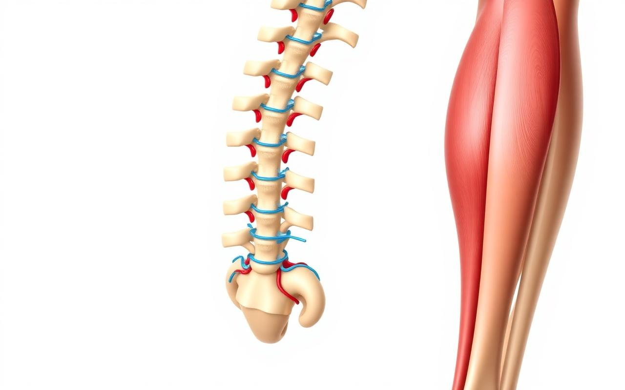 Anatomical illustration of the spinal cord and connected leg muscle
