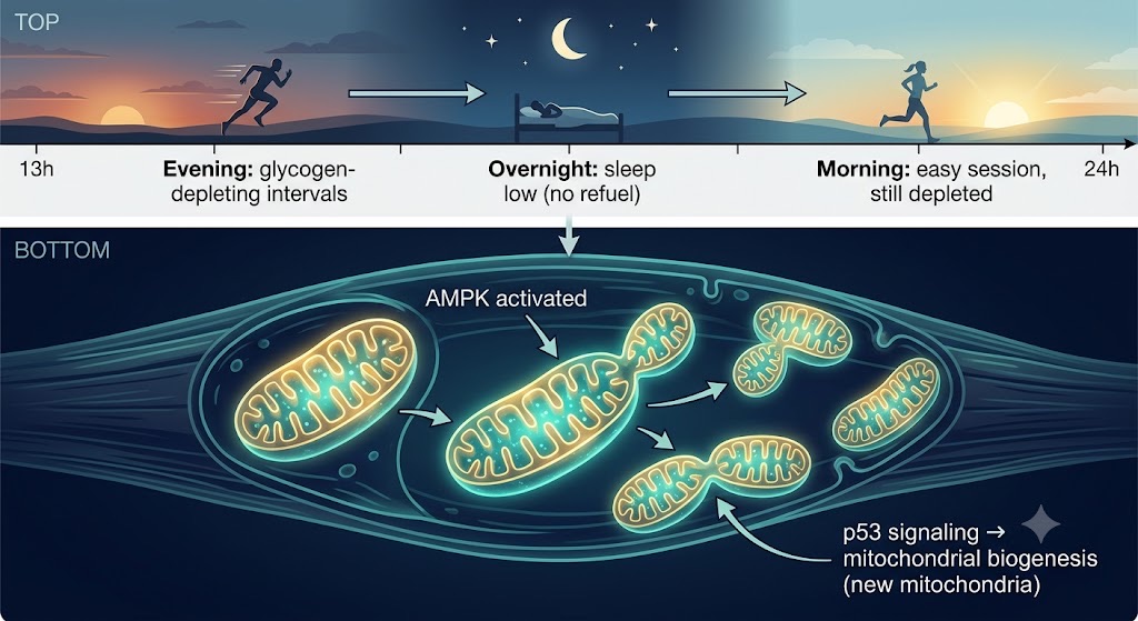 Training on near-empty tanks coaxes the cell into building more mitochondria — the engines of endurance.