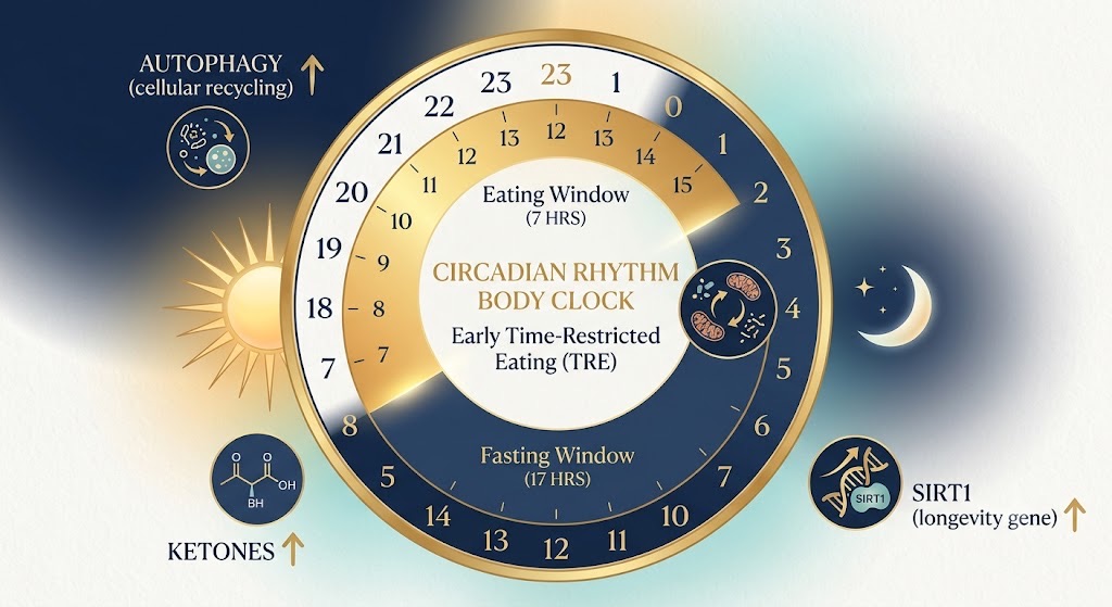 Eat with your body clock, not against it. The real prize of time-restricted eating isn't a faster 10K — it's a cleaner cell.