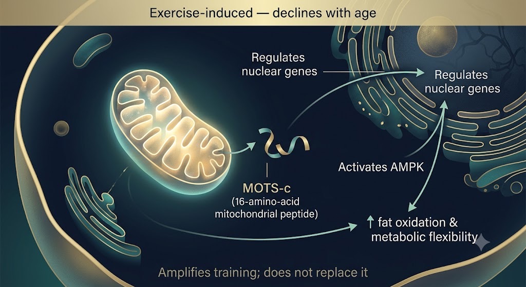 Often called "exercise in a vial," MOTS-c flips many of the same cellular switches as training and fasting.