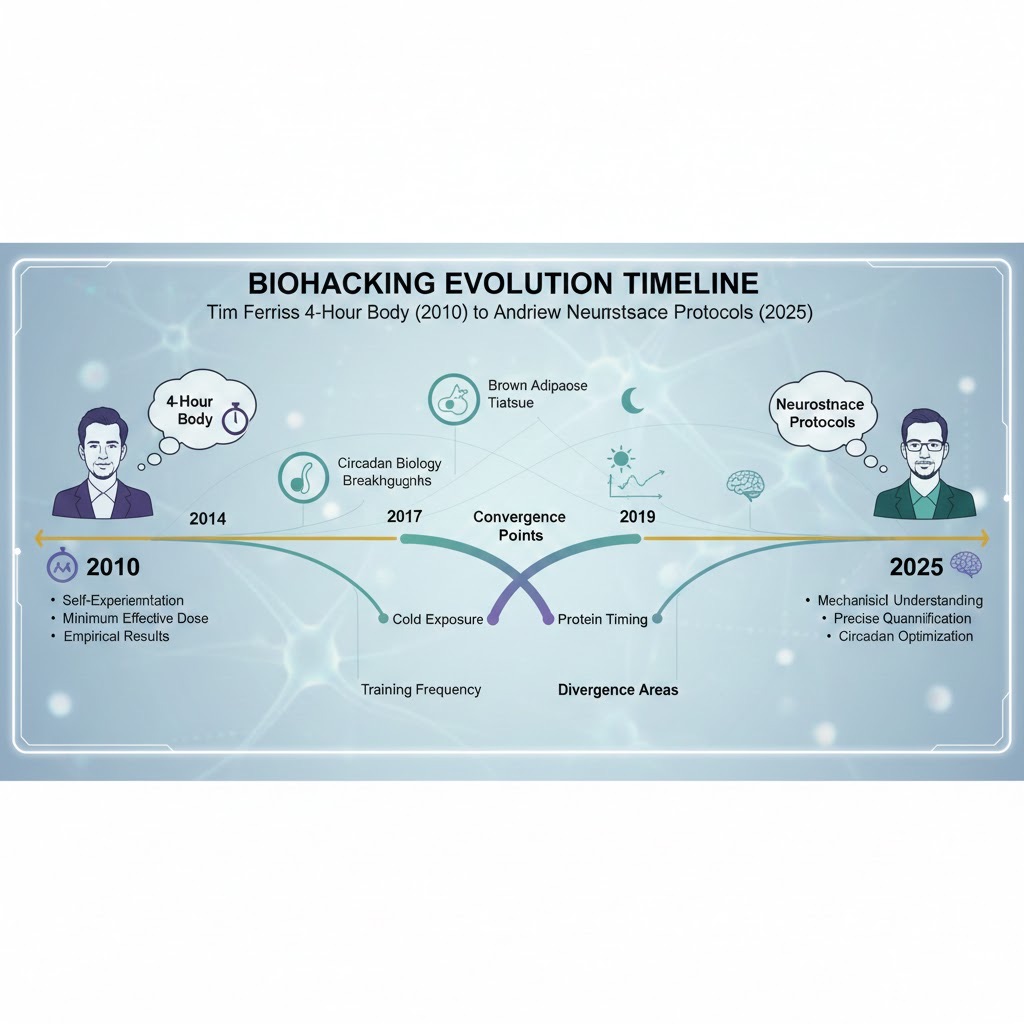 Biohacking evolution timeline, Ferriss to Huberman