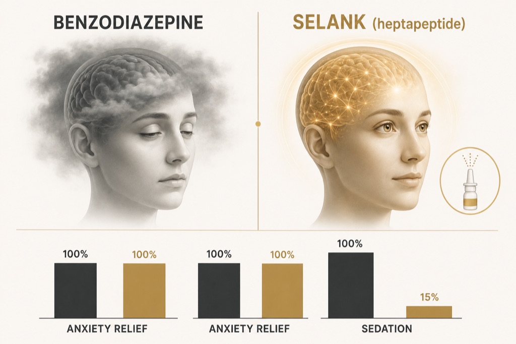 Selank matched a benzodiazepine's anxiety relief in head-to-head trials