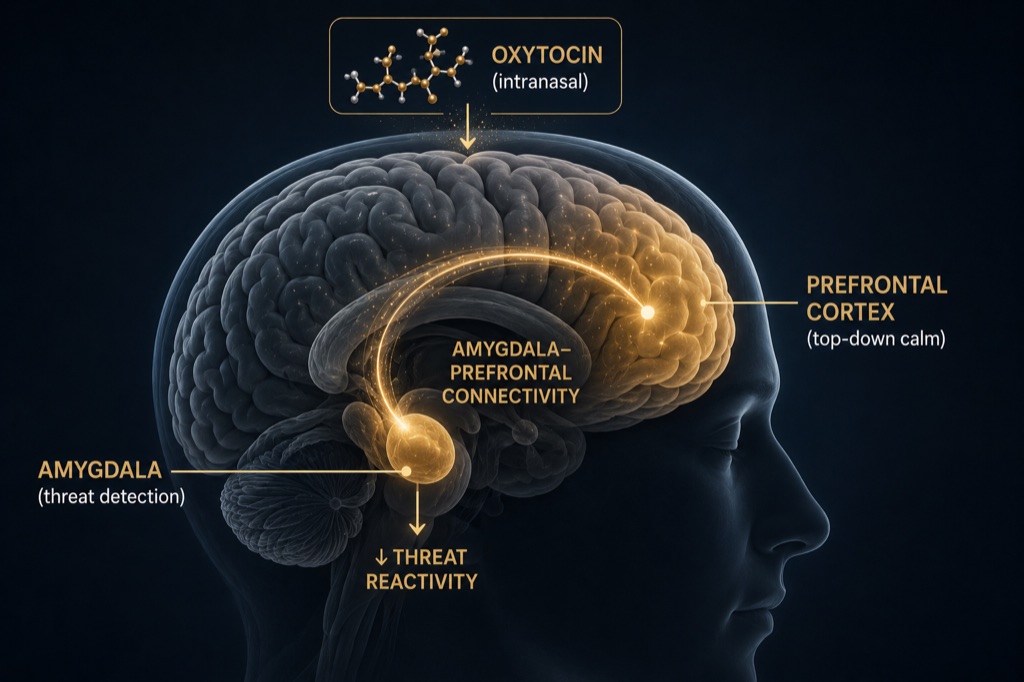 Oxytocin calms amygdala hyperreactivity to fearful faces