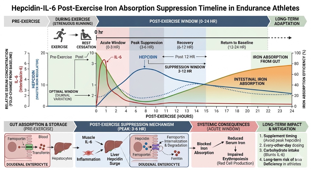 Post-exercise hepcidin and iron absorption suppression timeline