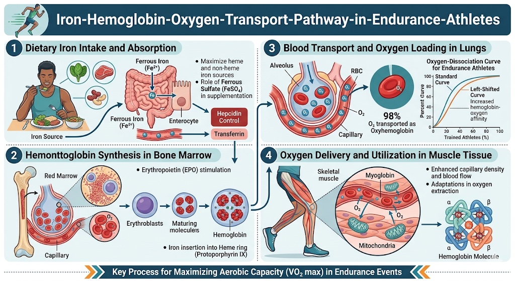 Iron-hemoglobin-oxygen transport pathway in endurance athletes