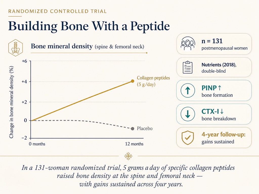 In a 131-woman randomized trial, 5 grams a day of specific collagen peptides raised bone density at the spine and femoral neck, with gains sustained across four years