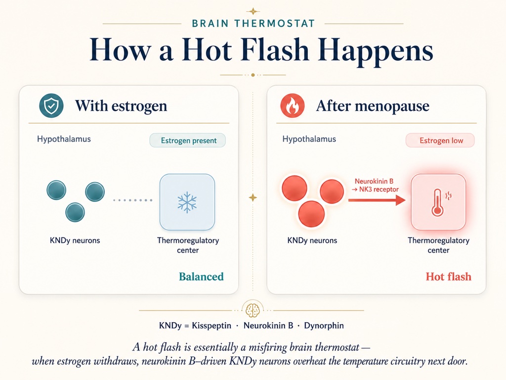 A hot flash is a misfiring brain thermostat: when estrogen withdraws, neurokinin B-driven KNDy neurons overheat the temperature circuitry next door