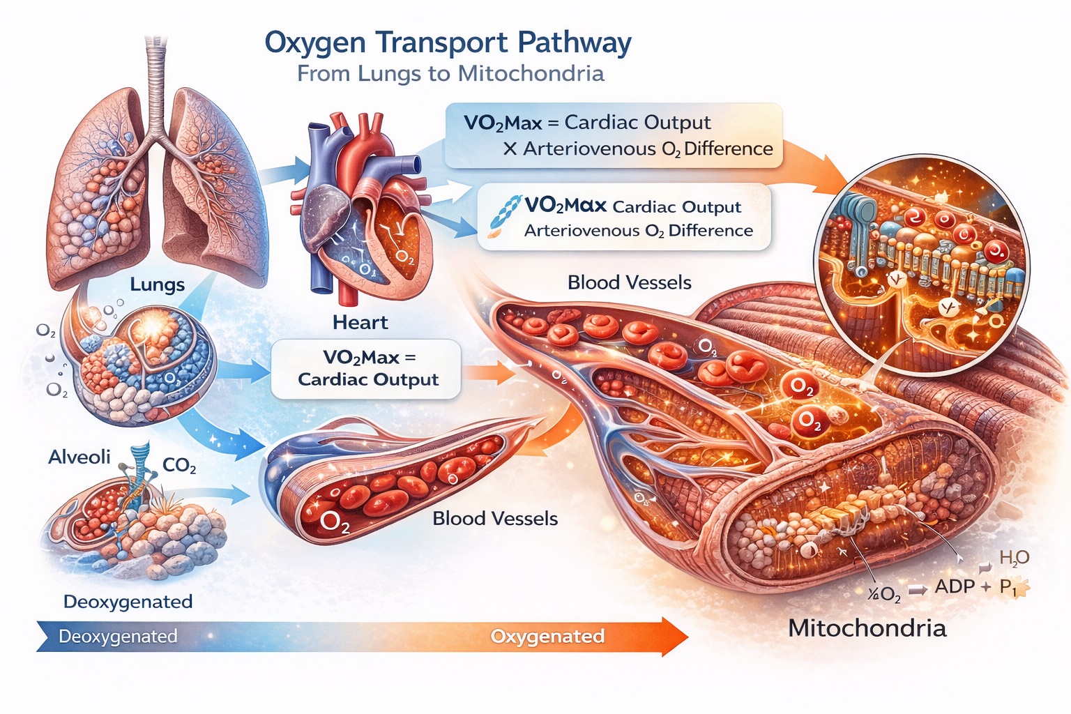 The oxygen transport cascade from atmosphere to mitochondria