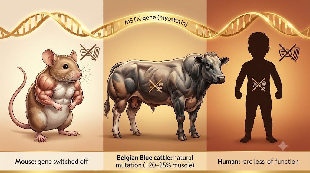 The same gene, conserved from mice to cattle to humans, sets the ceiling on muscle