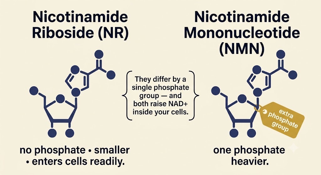 The whole NR-vs-NMN argument comes down to one phosphate group