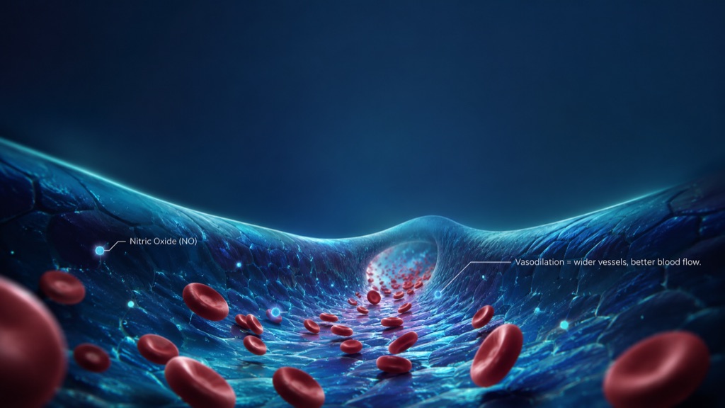 Nitric oxide signals blood vessels to relax and widen, improving circulation and oxygen delivery throughout the body.
