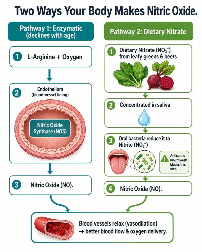Two ways your body makes nitric oxide: the enzymatic L-arginine/NOS pathway, and the dietary nitrate pathway that depends on friendly oral bacteria.