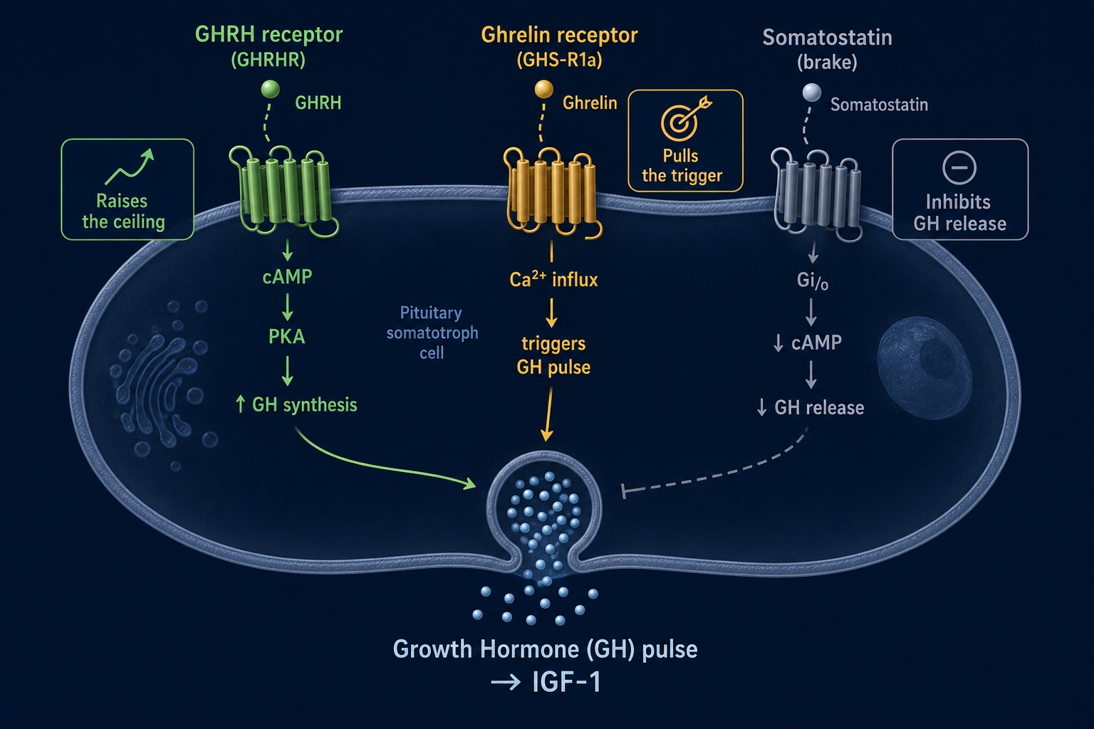 GHRH plus GHRP synergy: two pituitary receptors amplify growth hormone