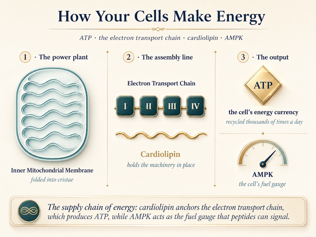 The supply chain of energy: cardiolipin anchors the electron transport chain that produces ATP, while AMPK acts as the fuel gauge peptides can signal