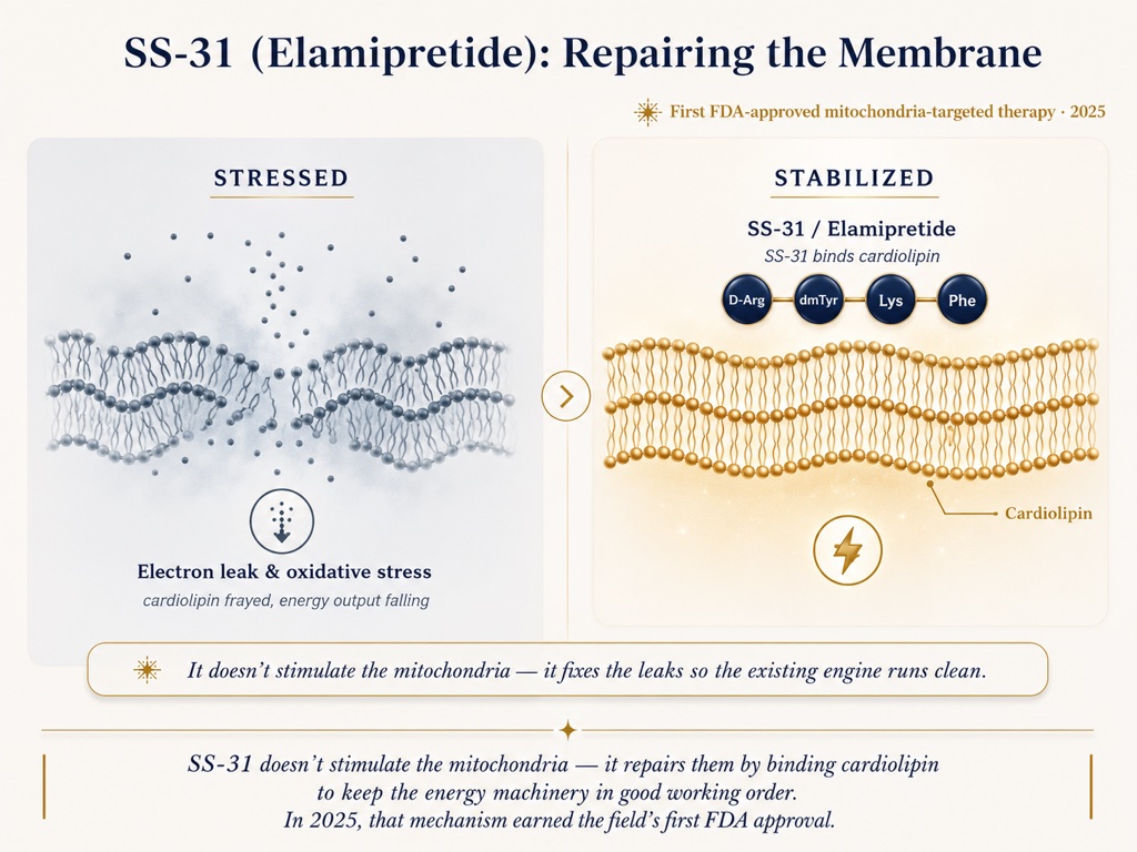 SS-31 does not stimulate the mitochondria, it repairs them by binding cardiolipin, and in 2025 that mechanism earned the field's first FDA approval