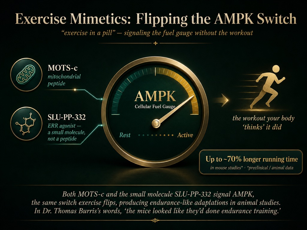 Both MOTS-c and the small molecule SLU-PP-332 signal AMPK, the same switch exercise flips