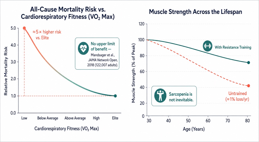 Before any peptide, aerobic capacity and muscle are the two most powerful and best-proven levers on how long and how well you live