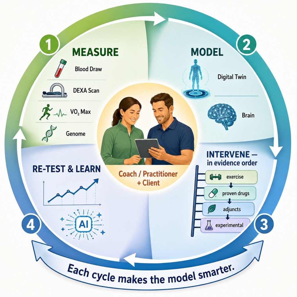 A longevity plan is a loop rather than a protocol, and the human guide at the centre is what turns data into results