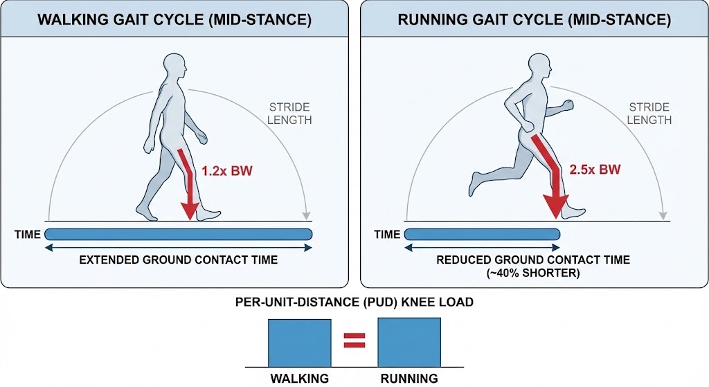 Per-unit-distance knee load: walking vs running