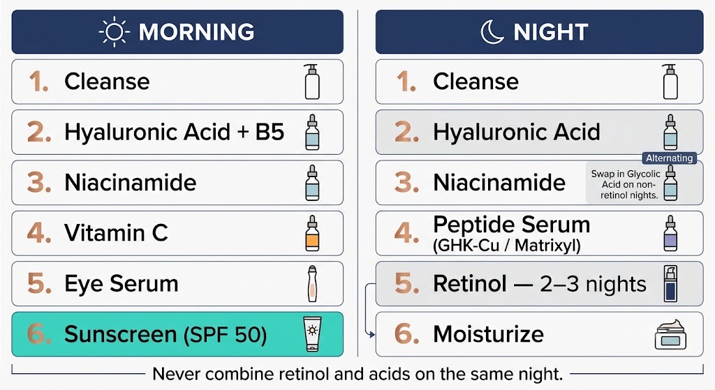 The whole protocol on one card: protect in the morning, rebuild at night, and keep retinol and acids on separate evenings