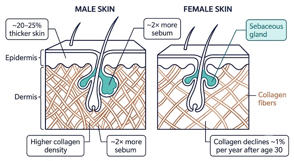 Male skin is thicker, denser in collagen and oilier, but that advantage leaks away about 1% a year after 30