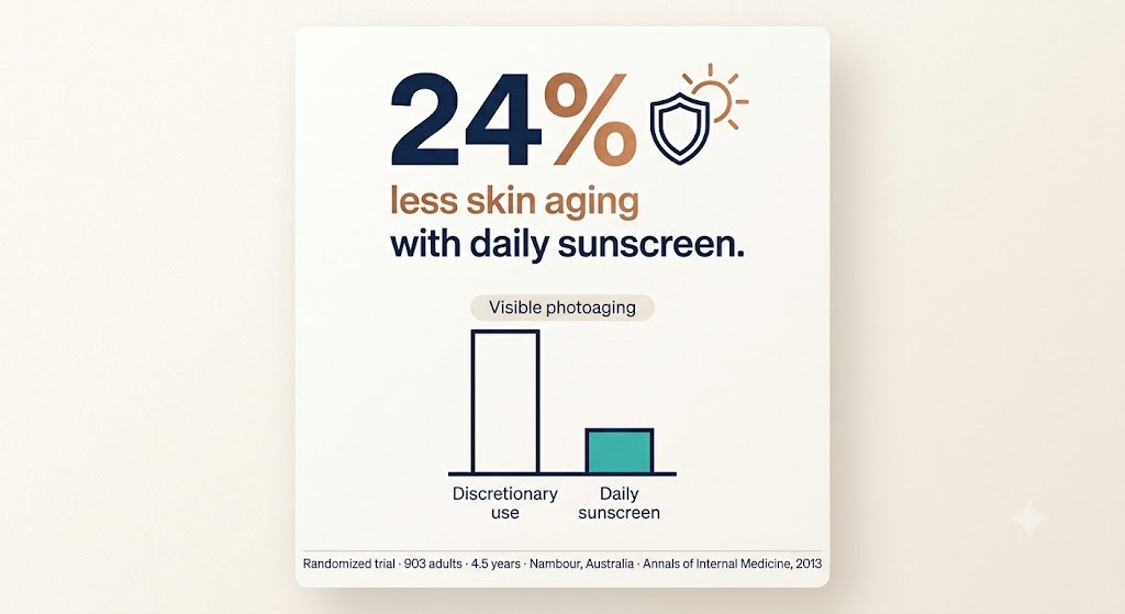 Over 4.5 years, adults who used sunscreen daily showed 24% less photoaging and no measurable increase in skin aging