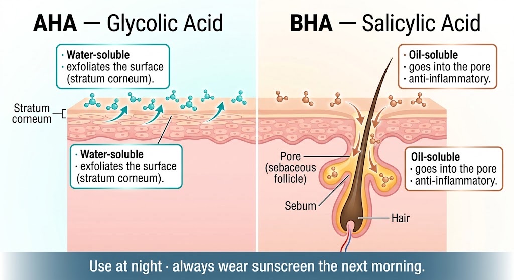 Two acids, two jobs: glycolic (AHA) resurfaces the top layer while salicylic (BHA) dives into oily pores