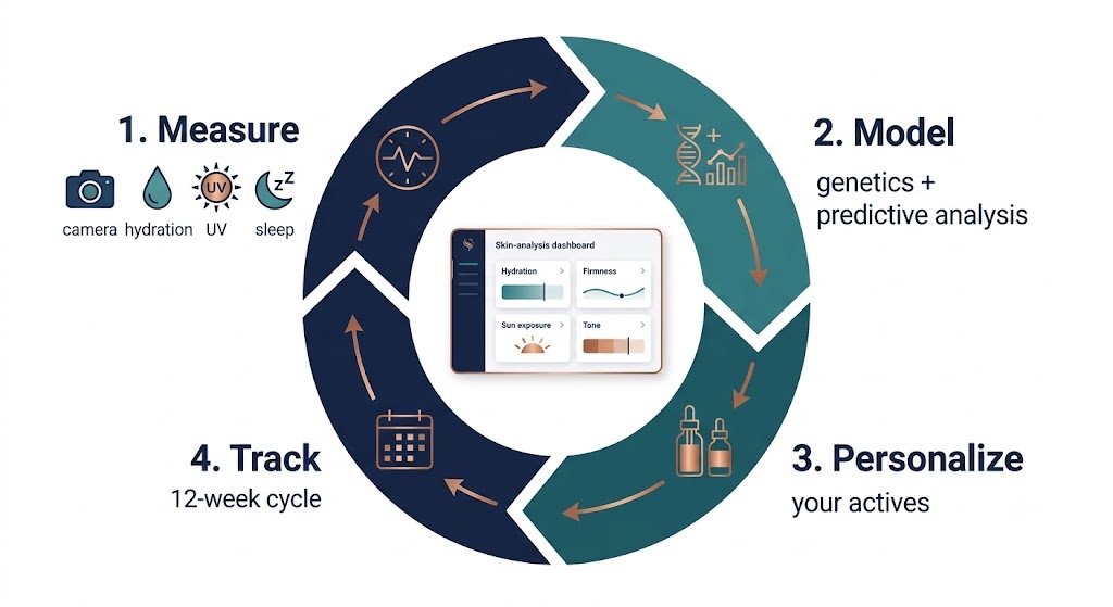 Precision skincare closes the loop: measure, model against genetics and history, personalize, then track over 12 weeks