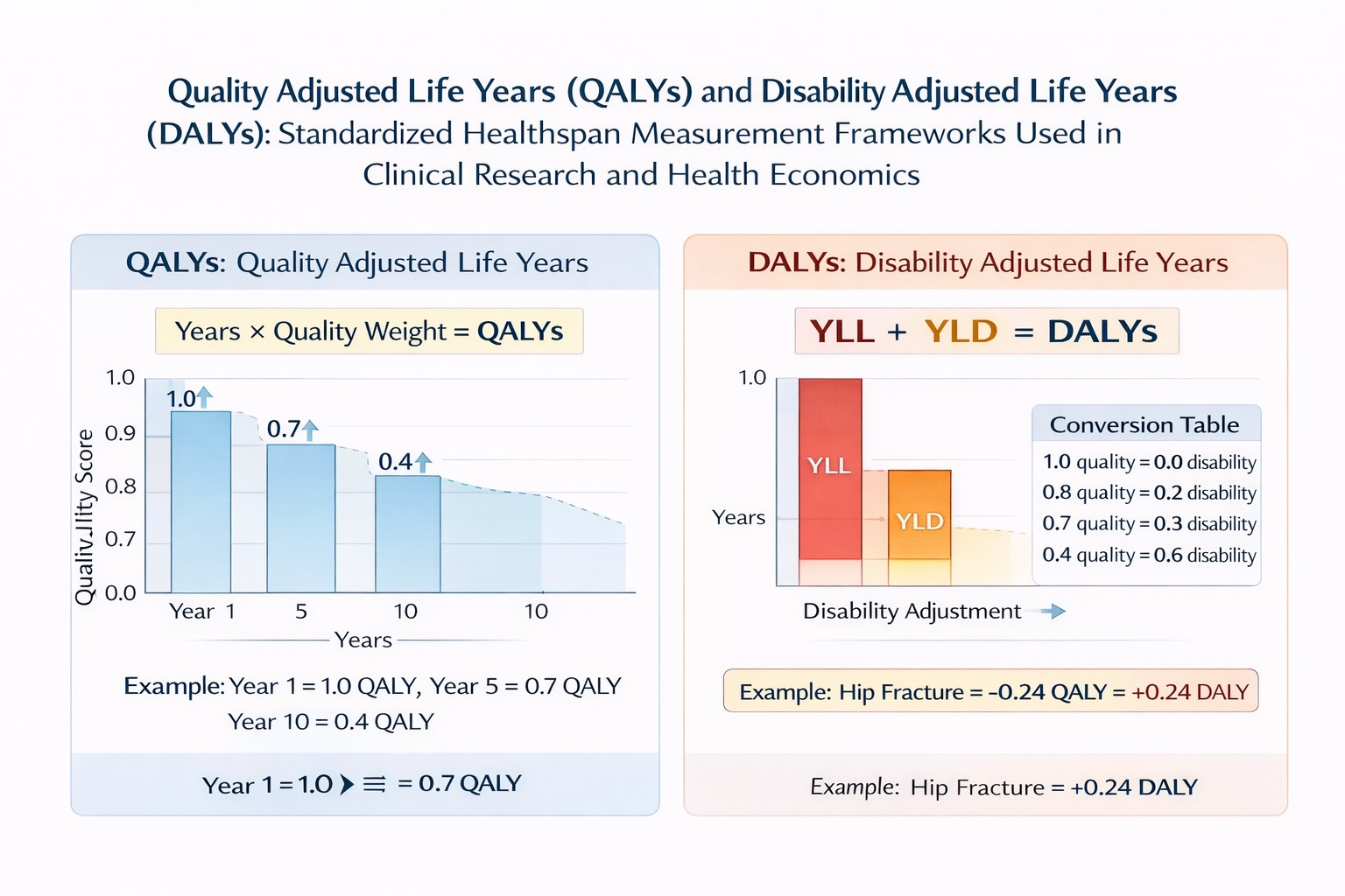 Standardized healthspan measurement frameworks: QALYs and DALYs