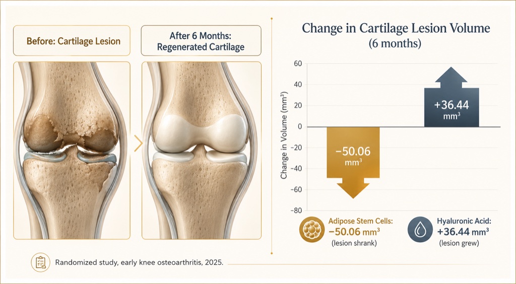 In a 2025 randomized trial of early knee osteoarthritis, adipose-derived stem cells shrank the cartilage lesion while hyaluronic acid let it grow