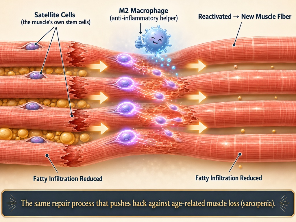 Stem-cell signals reawaken the muscle's own satellite cells and shift immune cells into an anti-inflammatory mode