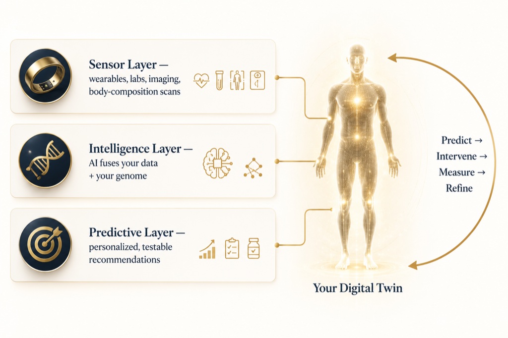 A digital twin stacks sensors that measure you, AI that models you and predictions you can test, then closes the loop