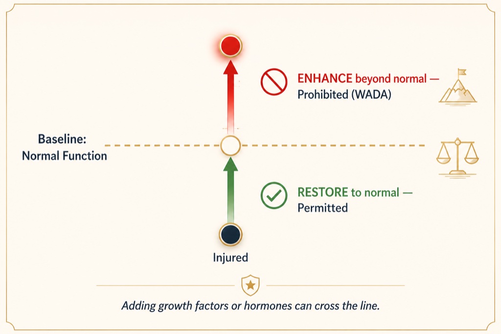 Unmodified stem cells that restore normal function are permitted; anything engineered to push above baseline is banned