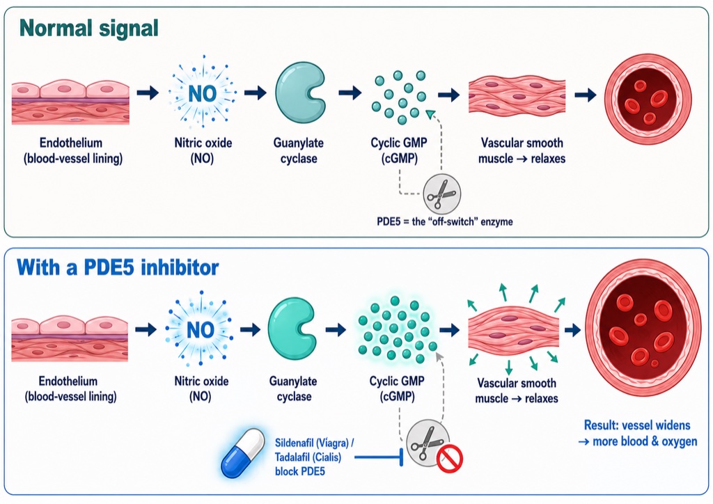 PDE5 inhibitors block the enzyme that breaks down cGMP, so the vessel-relaxing dilate signal lasts longer