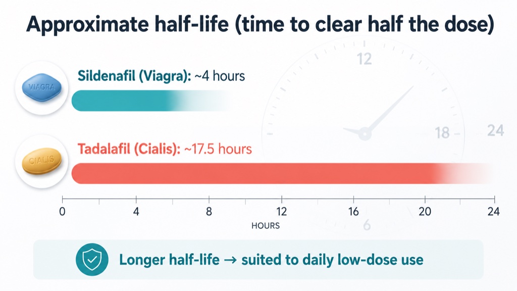 Tadalafil lingers in the body roughly four times as long as sildenafil, making once-daily dosing possible