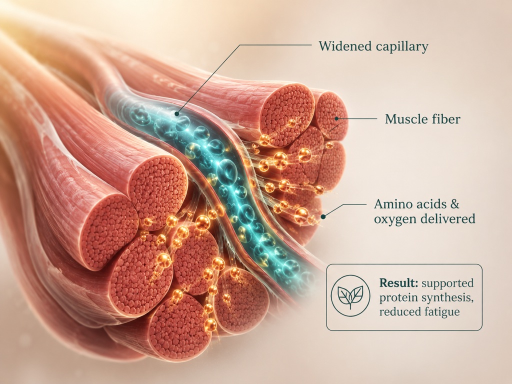 By widening vessels, NO-cGMP signalling increases delivery of amino acids, oxygen and hormones to muscle