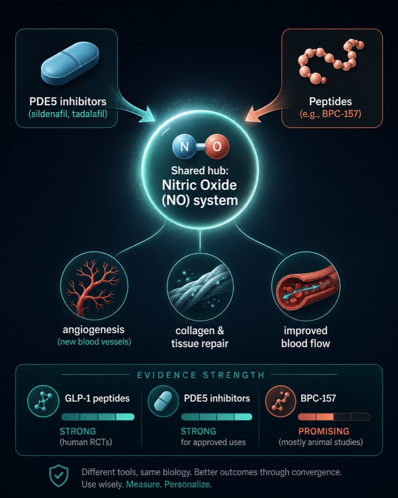 Regenerative peptides like BPC-157 act on the same nitric oxide system as PDE5 inhibitors, mostly in animal studies so far