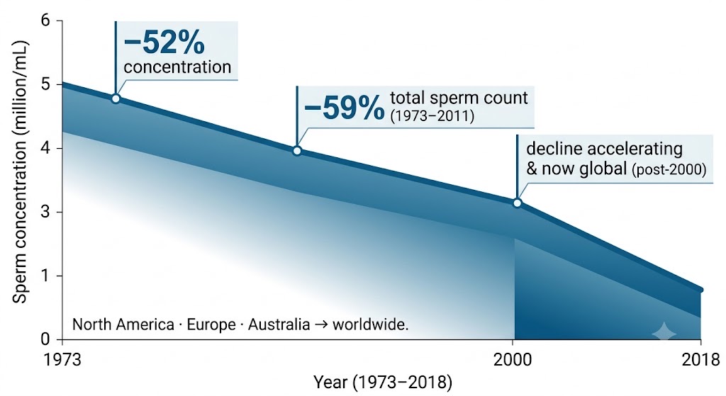 Sperm counts fell roughly 52-59% across five decades