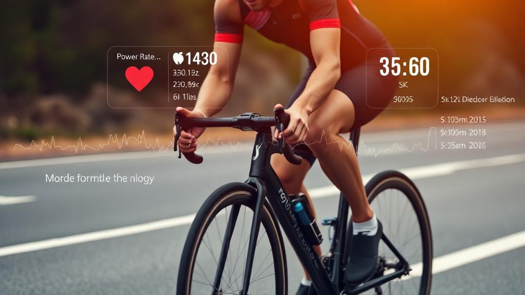 Athlete cycling with performance data overlay
